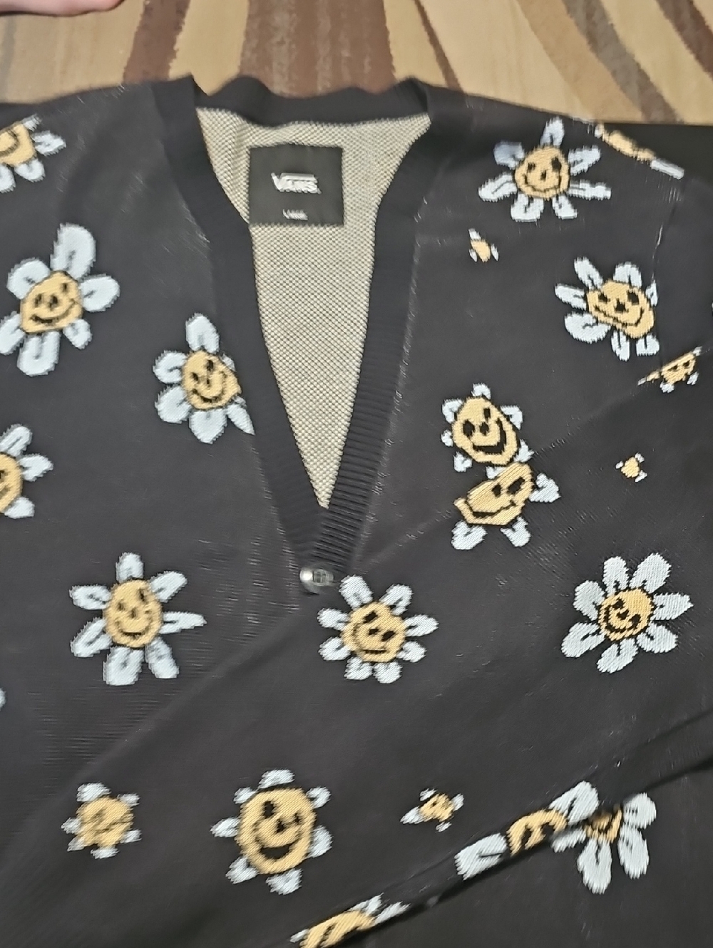 Vans Black Cardigan with Yellow Smiley Daisies and Light Blue Petals